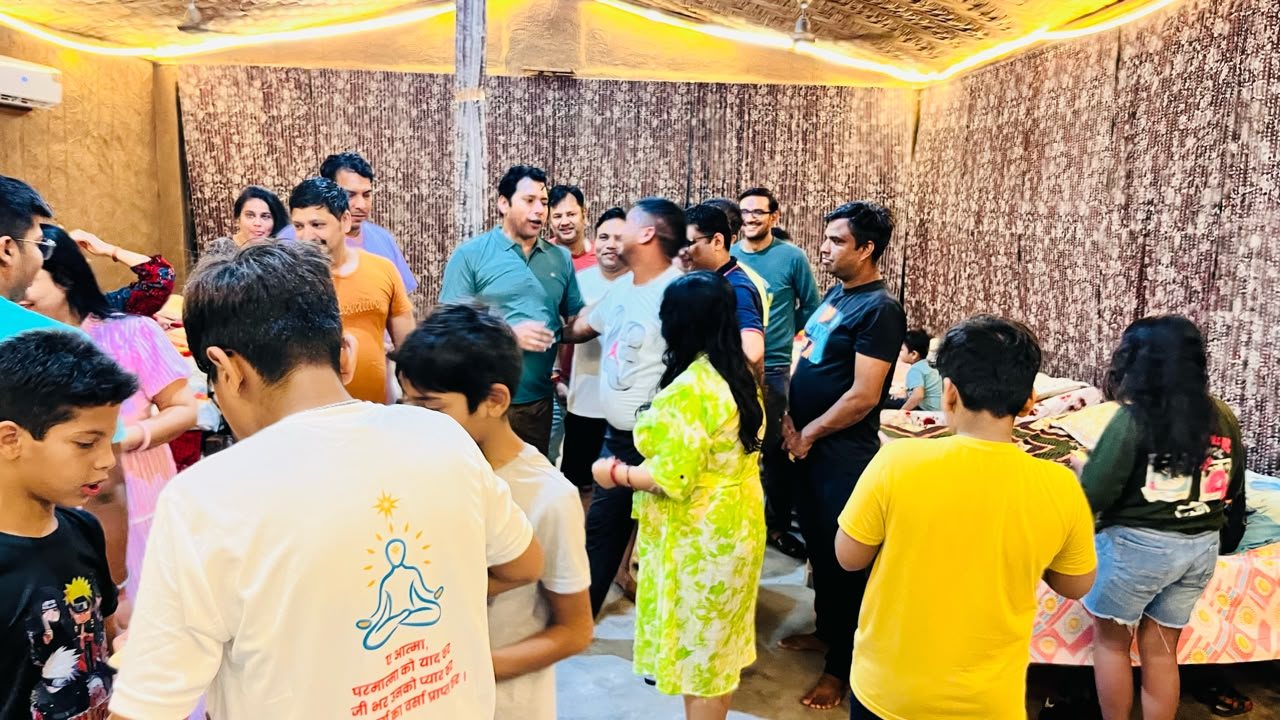 Guests gathered around an outdoor group activity